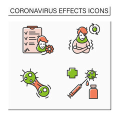 Wall Mural - Corona virus effects color icon set. Sick person, vaccine, recovered patient, covid mutation. Covid long term system health damage.Isolated vector illustrations