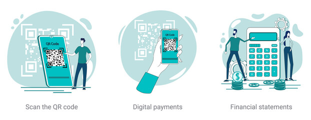 QR code scanning,digital payments, and financial calculations.A set of vector illustrations on a business theme.Abstract illustrations in green color.