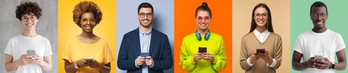 Group portrait of happy smiling multiethnic young men and women holding smartphones. People phone colorful collage set