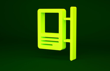 Sticker - Yellow Road traffic sign. Signpost icon isolated on green background. Pointer symbol. Isolated street information sign. Direction sign. Minimalism concept. 3d illustration 3D render