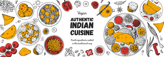 Indian food illustration. Hand drawn sketch. Indian cuisine. Vector illustration. Menu background. Engraved style.