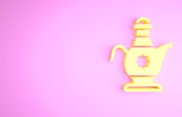 Sticker - Yellow Islamic teapot icon isolated on pink background. Minimalism concept. 3d illustration 3D render