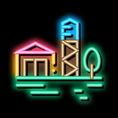 Sticker - wooden tower with house neon light sign vector. Glowing bright icon wooden tower with house sign. transparent symbol illustration