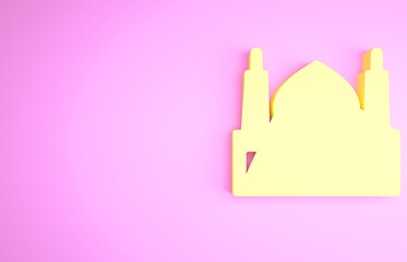 Sticker - Yellow Muslim Mosque icon isolated on pink background. Minimalism concept. 3d illustration 3D render