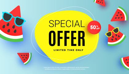 Wall Mural - Summer sale special offer banner with sliced watermelon, ,sunglasses and bubble elements on yellow background for store marketing promotion.