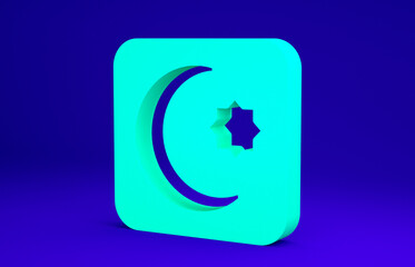 Sticker - Green Star and crescent - symbol of Islam icon isolated on blue background. Religion symbol. Minimalism concept. 3d illustration 3D render