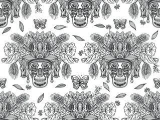 Seamless vector pattern with line drawn decorative human skull with insects in flowers and leaves of herbs. Sketch for a tattoo. Texture for printing for the holidays 