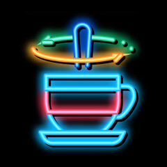 Sticker - stirring spoon in cup of tea neon light sign vector. Glowing bright icon stirring spoon in cup of tea sign. transparent symbol illustration