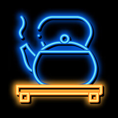 Sticker - hot kettle on stand neon light sign vector. Glowing bright icon hot kettle on stand sign. transparent symbol illustration