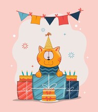 Happy Birthday Cat Take A Give With Cake,hat And Flag Decoration Flat Design