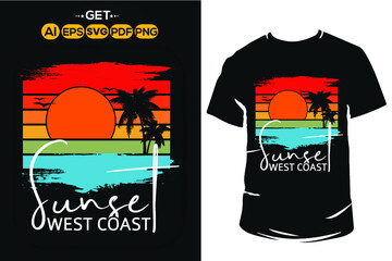 Sunset valley, Summer stylish typography t-shirt and apparel trendy design with palm trees silhouettes, sunset, colorful, print, vector illustration. Beach t shirt with sun.