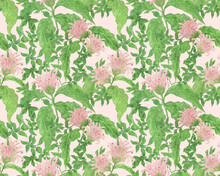 Watercolor  Painting Seamless Pattern With Pink Flowers And Green Plants
