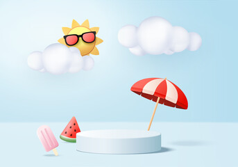 3d summer background product display podium scene with cloud platform. background summer vector 3d render with sun, ice cream, watermelon on podium. stand show cosmetic product display blue studio