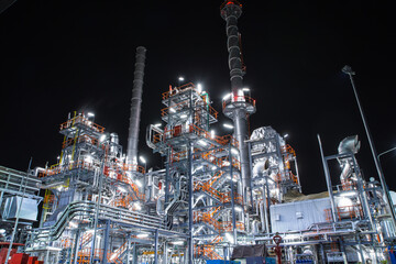 Night scene of oil refinery plant and power plant of Petrochemistry industry