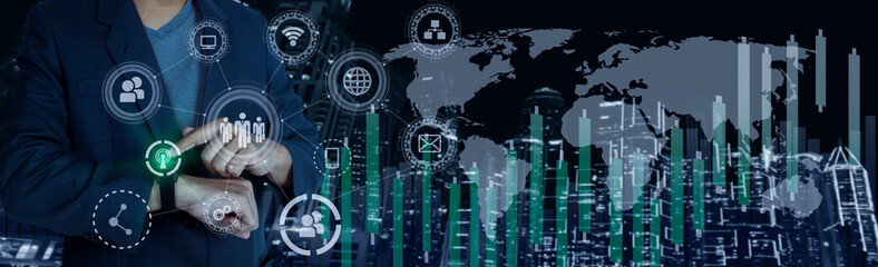 Businessman hands planning and strategy network, digital finance, stock marketing chart with future technology innovation and digital transformation concept.
