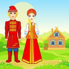 Wall Mural - Animation portrait of beautiful Russian family  in traditional clothes.  Fairy tale character. Full growth. A background - a rural landscape, the ancient house. Vector illustration.