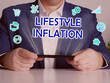  LIFESTYLE INFLATION text in search bar. Budget analyst looking for something at laptop. LIFESTYLE INFLATION concept.