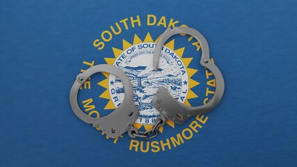 A half opened steel handcuff in center on top of the US state flag of South Dakota