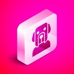 Sticker - Isometric Dog icon isolated on pink background. Silver square button. Vector