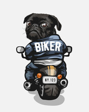 Funny Cartoon Black Dog Riding Motorcycle Illustration