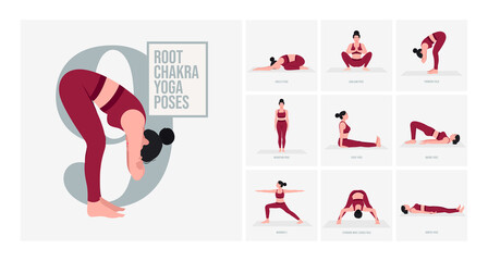 Root Chakra Yoga poses. Young woman practicing Yoga pose. Woman workout fitness, aerobic and exercises. Vector Illustration.