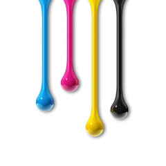 Wall Mural - cmyk ink drops on white paper square background