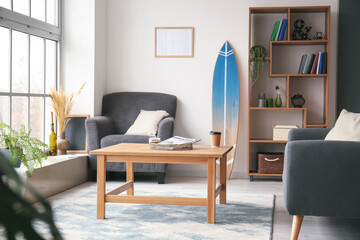 Interior of modern stylish room with surfboard