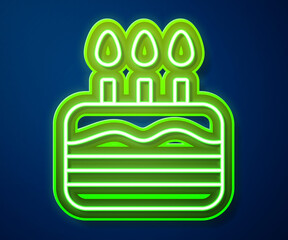 Sticker - Glowing neon line Cake with burning candles icon isolated on blue background. Happy Birthday. Vector