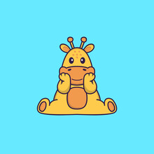 Cute Giraffe Is Sitting. Animal Cartoon Concept Isolated. Can Used For T-shirt, Greeting Card, Invitation Card Or Mascot. Flat Cartoon Style