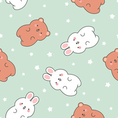 Wall Mural - Cute rabbit and teddy bears pattern, seamless background, hand drawn cartoon with heart, vector illustration