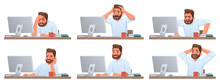 Businessman At Desktop. Tired And Successful Worker. Deadline. The Employee Is Angry. Different Emotions Of A Man Working