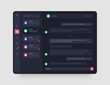 © dimakostrov - Dashboard Design with chat, social media, online messenger kit. App interface with UI and UX elements. Use design for web application, desktop app or website. Dark mode.