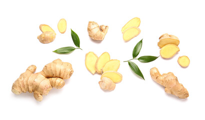 Fresh ginger with slices on white background