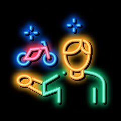 Wall Mural - desire man to rent bike neon light sign vector. Glowing bright icon desire man to rent bike sign. transparent symbol illustration
