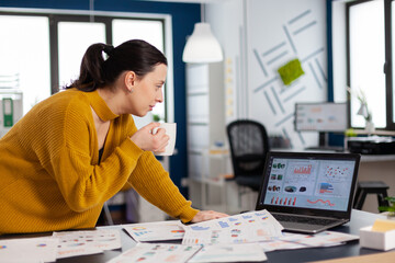 Poster - Corporate business woman in company office looking at statistics enjoying a cup of coffee. Executive entrepreneur, manager leader successful corporate professional entrepreneur working on online