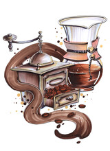 Hand Drawing Illustration Coffeemania Vintage Metal Coffee Grinder And Filter With Beans