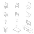© moomusician - Set of Living room furniture. Chair, Sofa, table and television. Outline Isometric Drawing Vector.