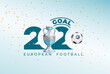 European football cup 2020. Realistic ball and victory cup graphic design on blue background with spots. Goal background gradient. Vector illustration. Isolated on white background.