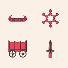 Canvas Print - Set Dagger, Kayak or canoe and paddle, Hexagram sheriff and Wild west covered wagon icon. Vector