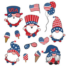 Independence Day Gnome Elements Cute Cartoon Vector Collection Summer America Ice Cream And Flag