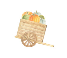 A Cart With Pumpkins On A White Background. Hand-drawn Watercolor Autumn Illustration.