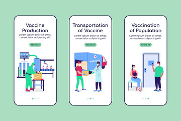 Wall Mural - vaccine manufacturing onboarding mobile app screen flat vector template. walkthrough website 3 steps