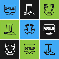 Poster - Set line Pointer to wild west, Horseshoe and Cowboy boot icon. Vector