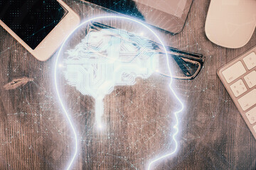 Double exposure of brain drawing over work table desktop. Top view. Global data analysis concept.