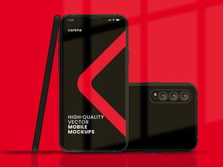 Poster - High quality vector mobile mockups. Realistic smartphone. Device UI UX mockup for presentation template. Cellphone frame with blank display isolated templates. 3D isometric illustration cell phone
