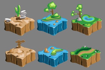 Isometric vector elements for game design, desert rocks ocean island field grass trees asset