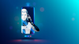 Fototapeta  - Artificial intelligence in phone. Mobile online chat bot in smartphone. Cyborg or robot with AI look out of screen phone. Chatbot, internet helper, virtual support of web services. Technology concept.