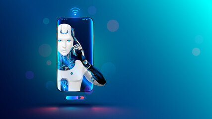 Leinwandbilder - Artificial intelligence in phone. Mobile online chat bot in smartphone. Cyborg or robot with AI look out of screen phone. Chatbot, internet helper, virtual support of web services. Technology concept.