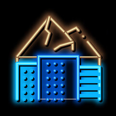 Sticker - high-rise buildings among mountains neon light sign vector. Glowing bright icon high-rise buildings among mountains sign. transparent symbol illustration