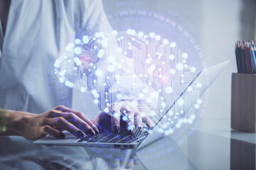 Fototapete - Double exposure of woman hands working on computer and brain hologram drawing. Ai concept.